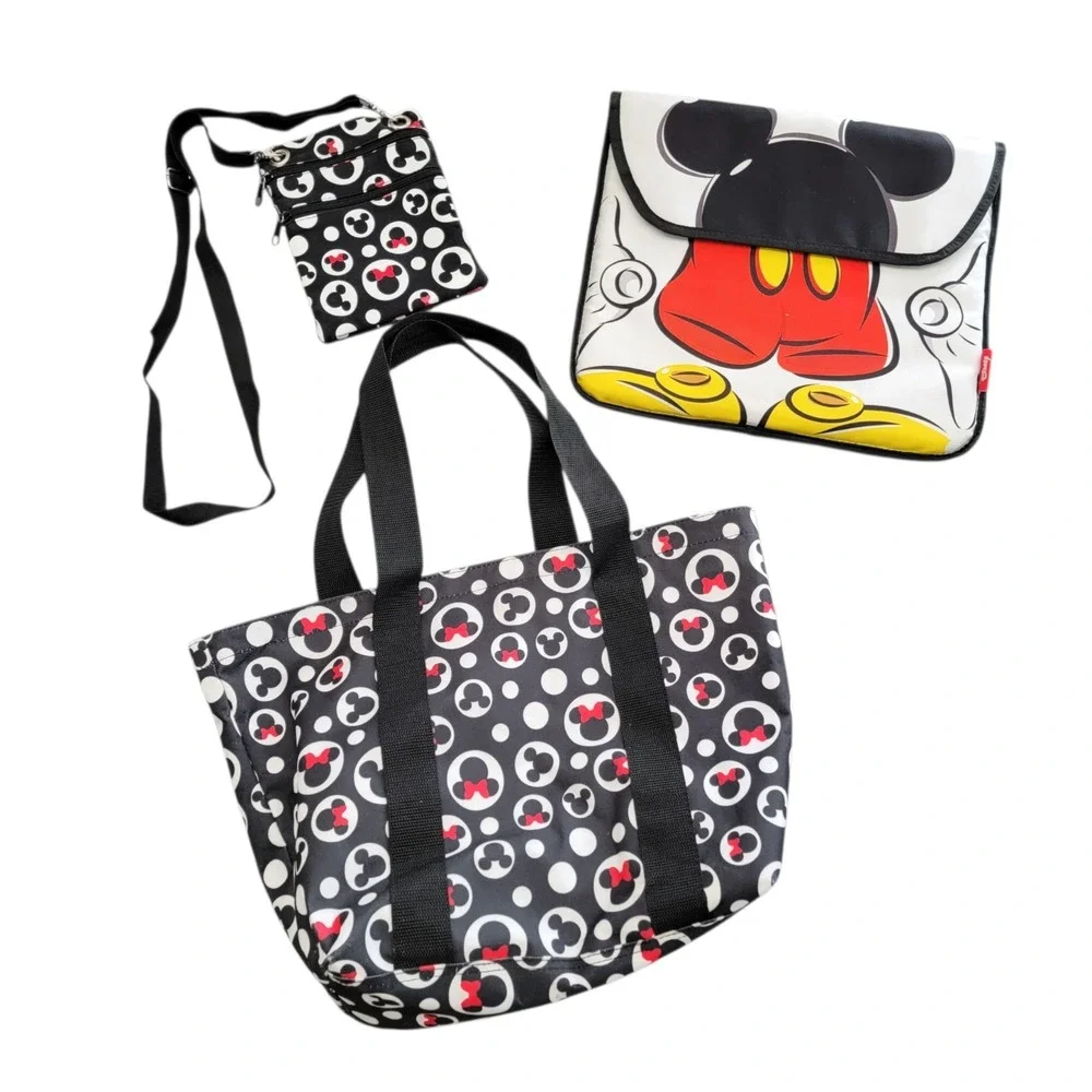 Disney‎ Mickey Mouse Bag Set 3 Piece Tote Crossbody Purse Laptop Sleeve Black